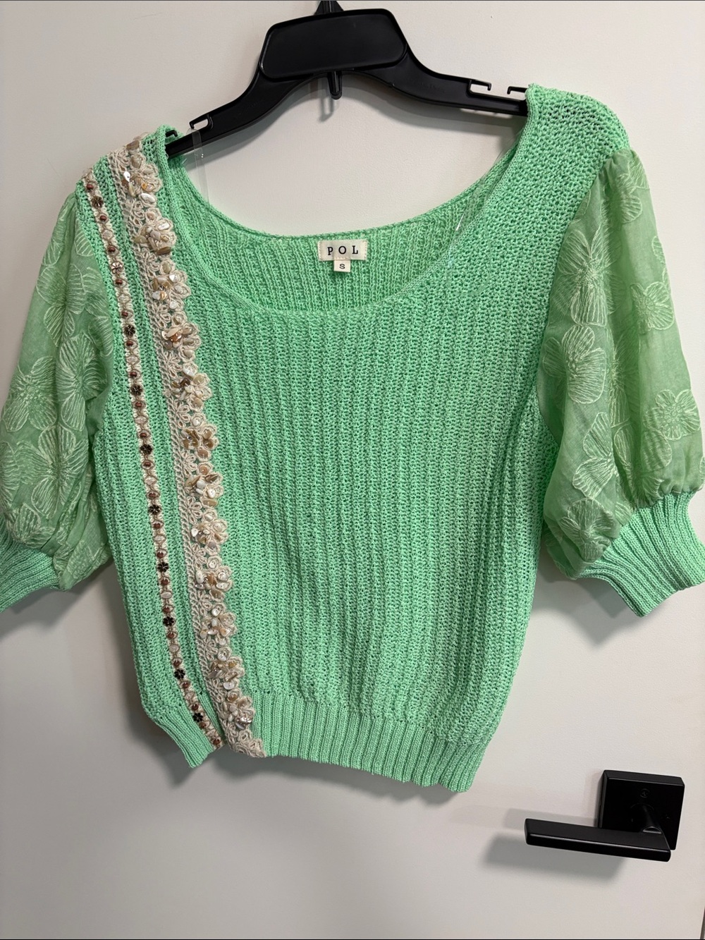 POL Mint Green Cropped Knit Sweater with Embellished Trim